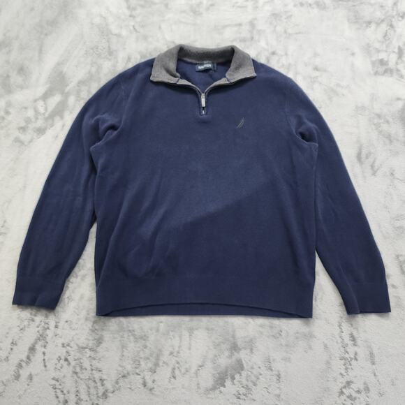 Nautica Sweater Mens L Blue Gray Quarter-Zip Pullover Elbow Patches Preppy - Picture 1 of 9